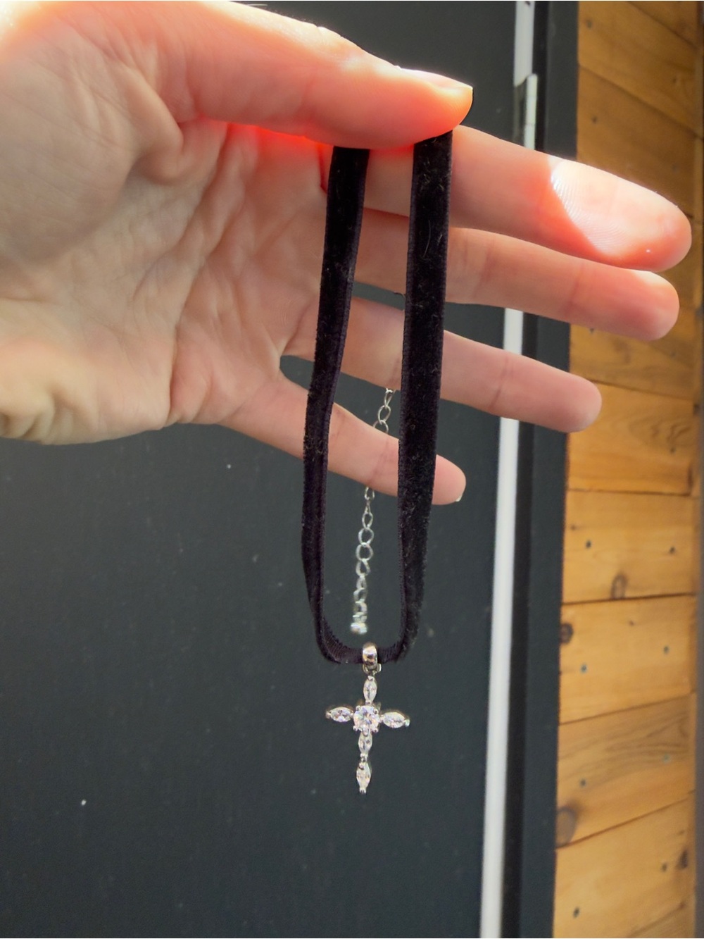 Black Velvet and Silver Tone Cross Pendant Necklace